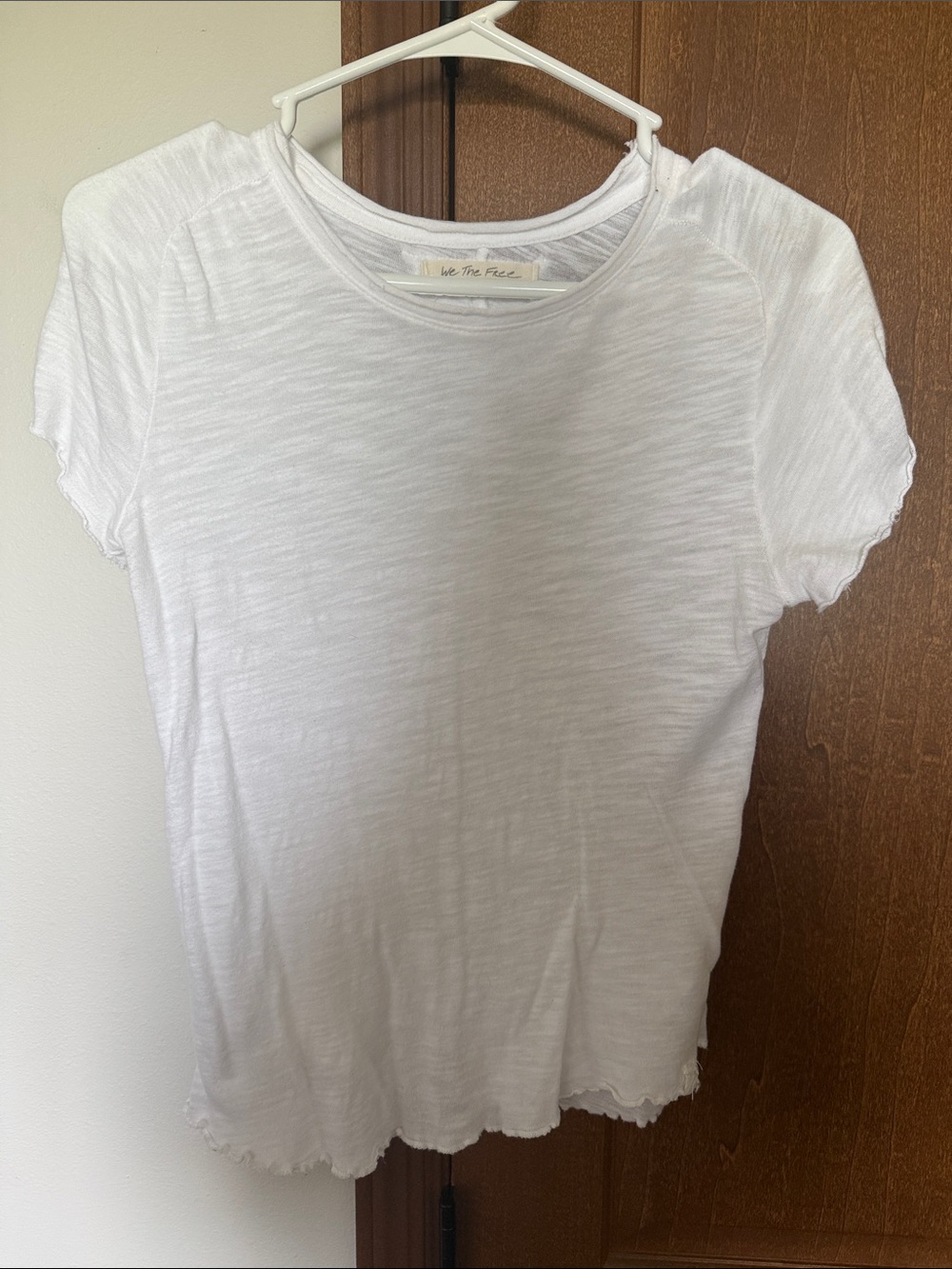 Free People White Short Sleeve Slub Tee with Scalloped Trim